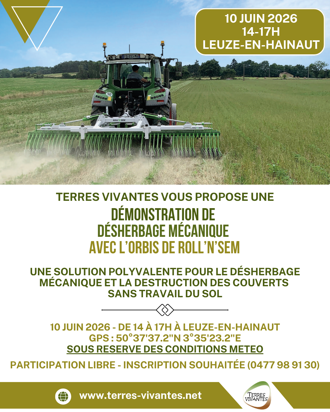 Le flyer de notre démonstration de l'Orbis de Roll'n'sem en désherbage mécanique